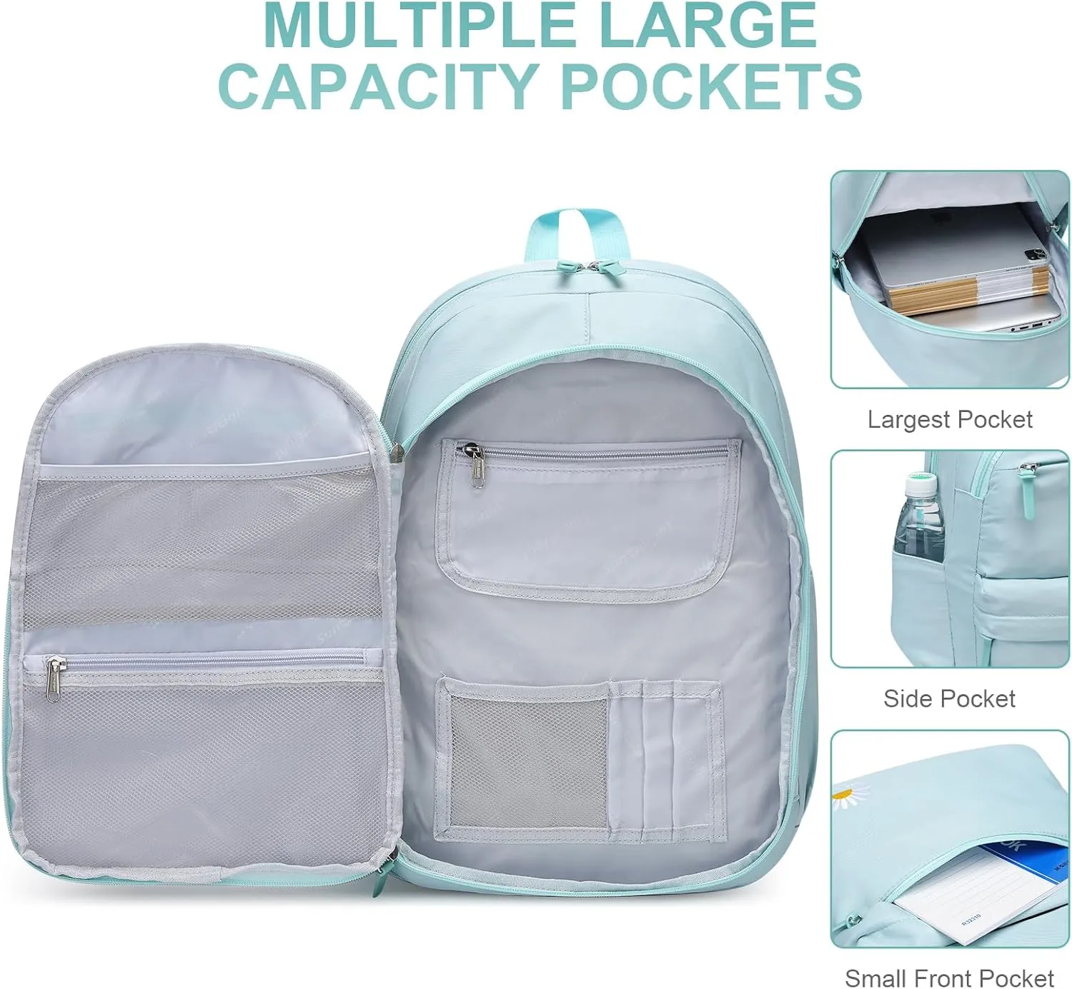 Caran·Y 38L Waterproof Kids Backpack with 15.6-Inch Laptop Compartment-Lightweight Large Capacity School Backpack for Boys & Girls Ages 6-18,Travel with Side Water Bottle Pockets(Mint Green)