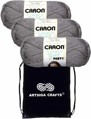 Caron Simply Soft Party Platinum Sparkle H97PAR-19 (3-Skeins - Same Dye Lot) Worsted Medium #4 Acrylic Yarn for Crocheting and Knitting with Project Bag