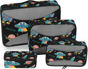 Cartoon colorful UFO aliens spaceship planet and stars on Dark 4 PCs Set Packing Bags, Luggage Organizer Bag, Portable Cube Toiletry bag, Durable Travel Cosmetic Storage Bag for Men Women