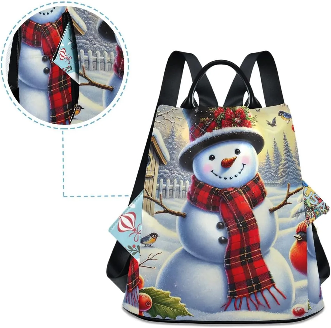 Cartoon Snowman Bird Anti Theft Backpack Purse for Women Fashion Travel Bags with Pompom