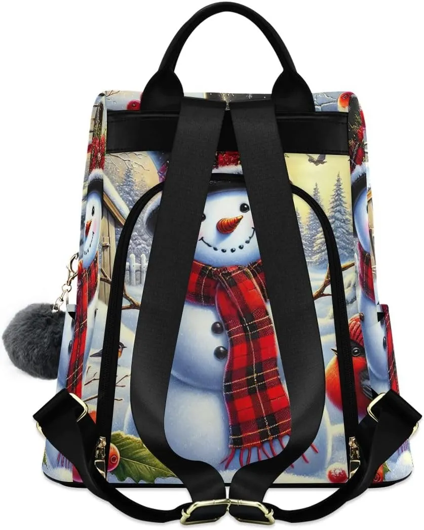 Cartoon Snowman Bird Anti Theft Backpack Purse for Women Fashion Travel Bags with Pompom
