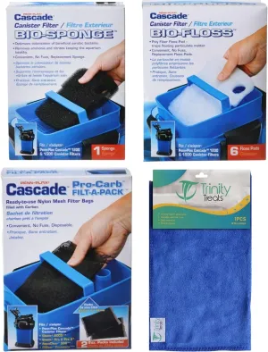 Cascade 1200/1500 Canister Maintenance & Replacement Filter Media Kit, Including Microfiber Cleaning Cloth(Poly Fiber Bio-Floss Pads, Bio Sponge, Media Bags Filled with Carbon