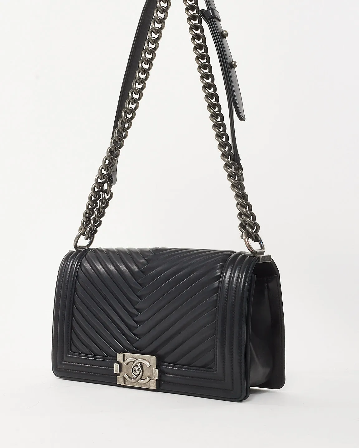 Chanel Black Lambskin Leather Chevron Old Medium Boy Bag