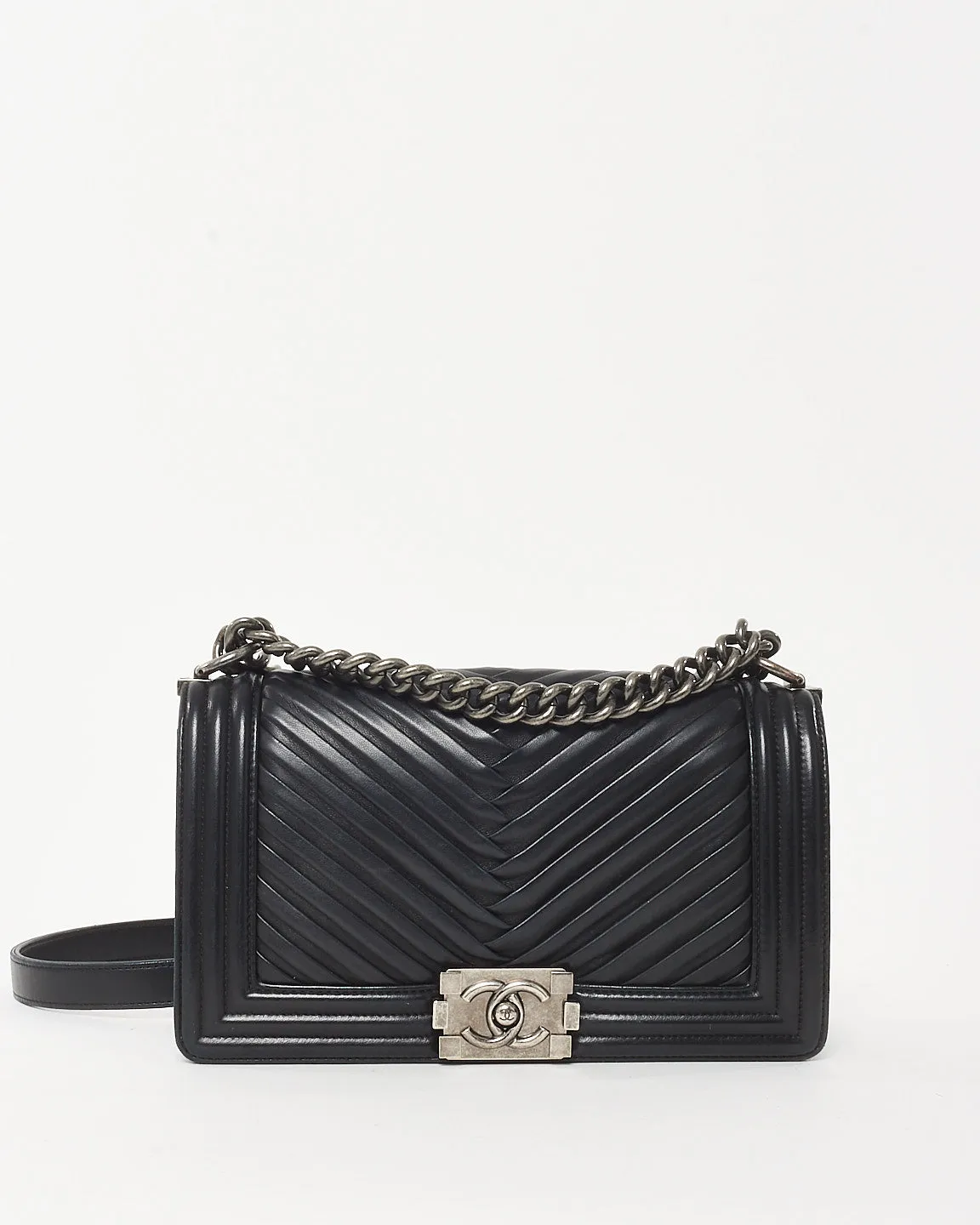 Chanel Black Lambskin Leather Chevron Old Medium Boy Bag
