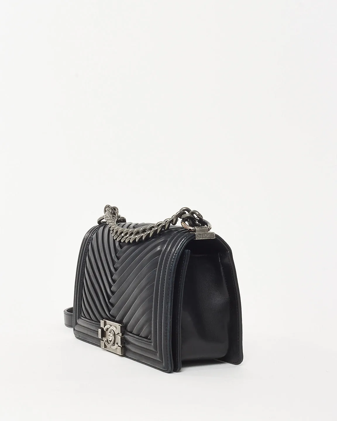 Chanel Black Lambskin Leather Chevron Old Medium Boy Bag