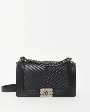 Chanel Black Lambskin Leather Chevron Old Medium Boy Bag