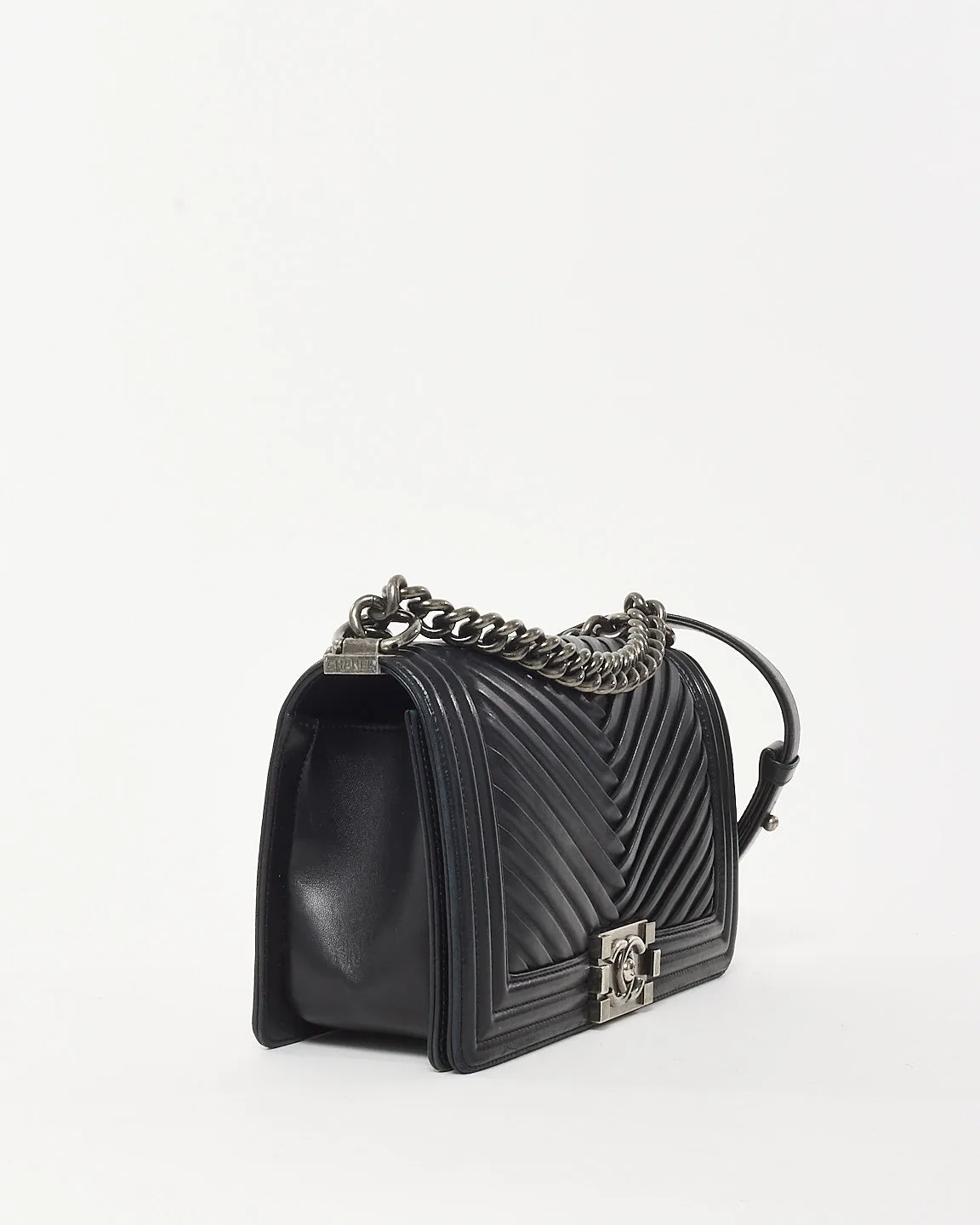 Chanel Black Lambskin Leather Chevron Old Medium Boy Bag