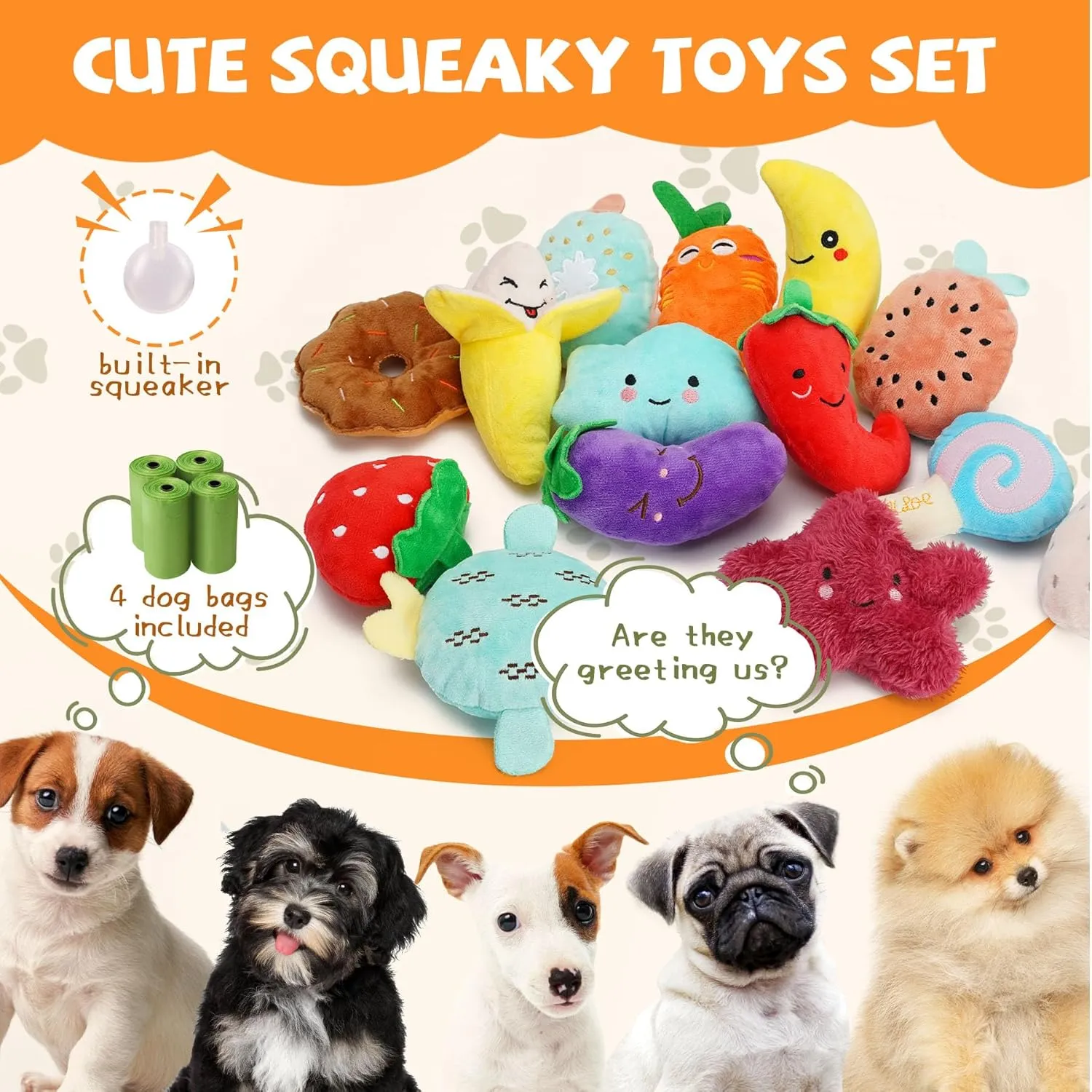Charming Chorus 20-Pack Squeaky Dog Toys Set - Included 4 Dog Bags, Plush Puppy Toys with Irresistibly Cute Characters for Small Dogs, Interactive Dog Squeak Toys for Dog Fun&Teeth Cleaning