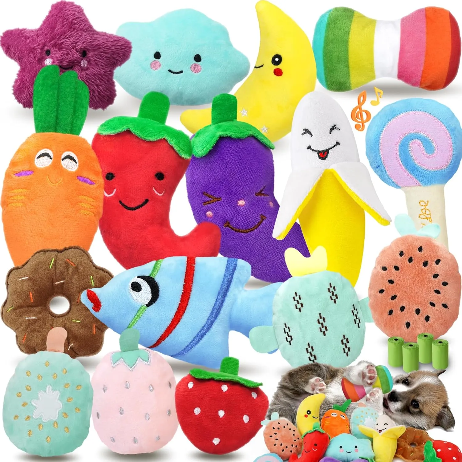 Charming Chorus 20-Pack Squeaky Dog Toys Set - Included 4 Dog Bags, Plush Puppy Toys with Irresistibly Cute Characters for Small Dogs, Interactive Dog Squeak Toys for Dog Fun&Teeth Cleaning
