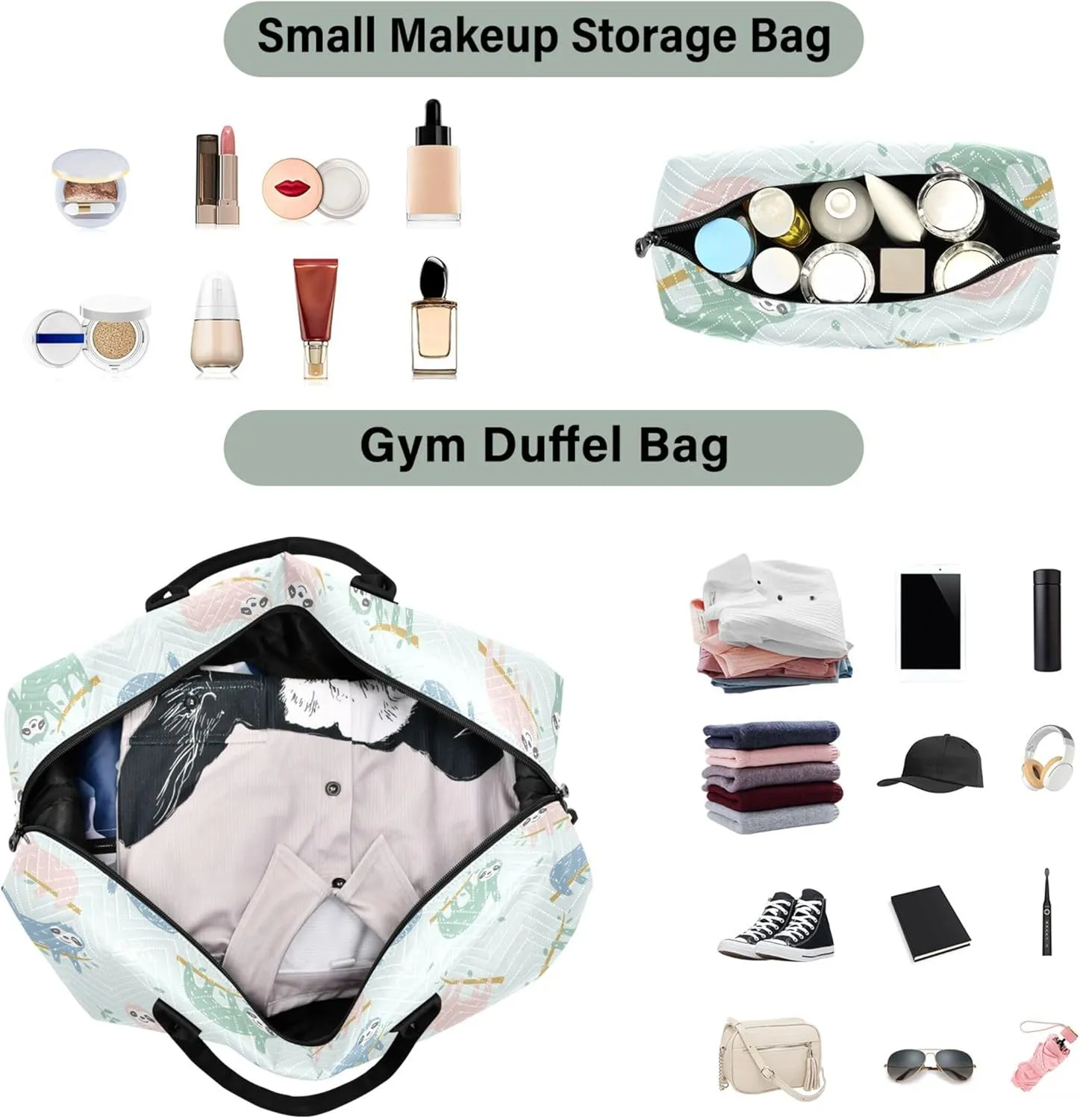 Childish Cute Sloth Creative Colorful Duffel Bag for Travel Toiletry Bags Set, Cute Women Gym Duffle Bag Carry on Tote