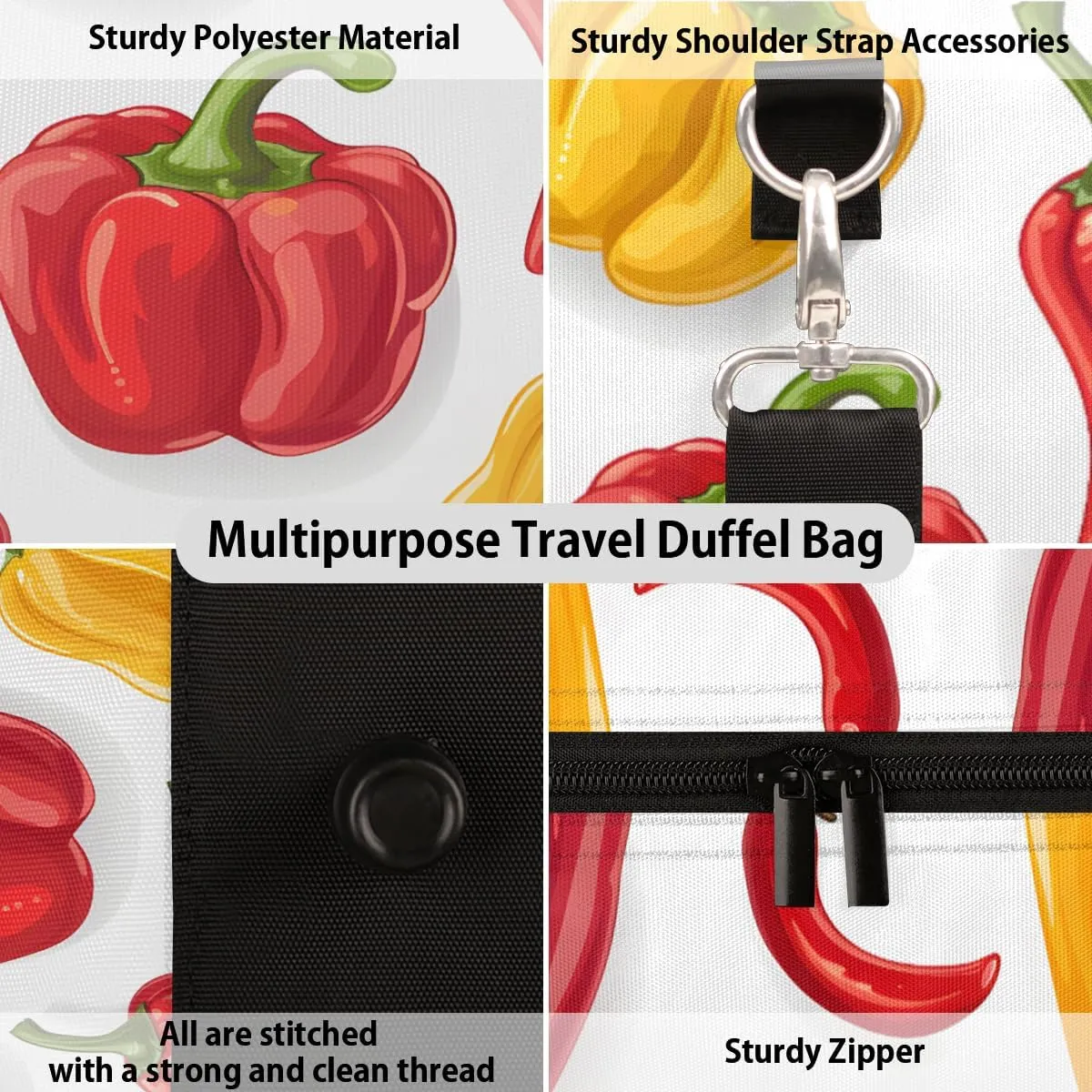Chili Peppers Travel Duffle Bag, Sports Gym Bags for Women Men, Carry On Weekender Overnight Bag, Colorful Workout Hospital Airplane Trips Bag