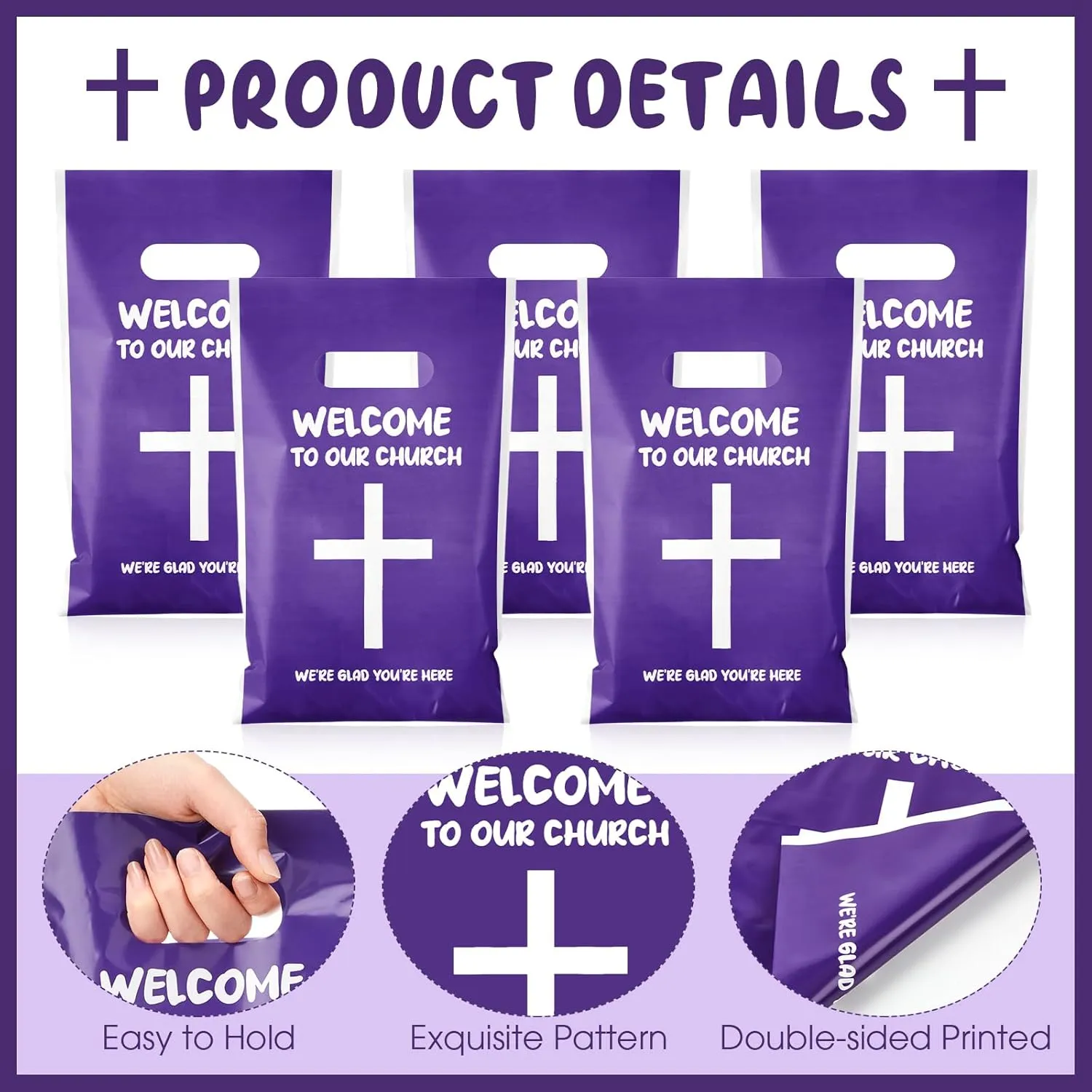Cholemy 100 Pcs Welcome To Our Church Treat Bags, Church Candy Bags with Handle Christian Events Plastic Goodie Bags Colourful Party Supplies and Gifts Wrapping Bags, 9.84'' x 6.5''