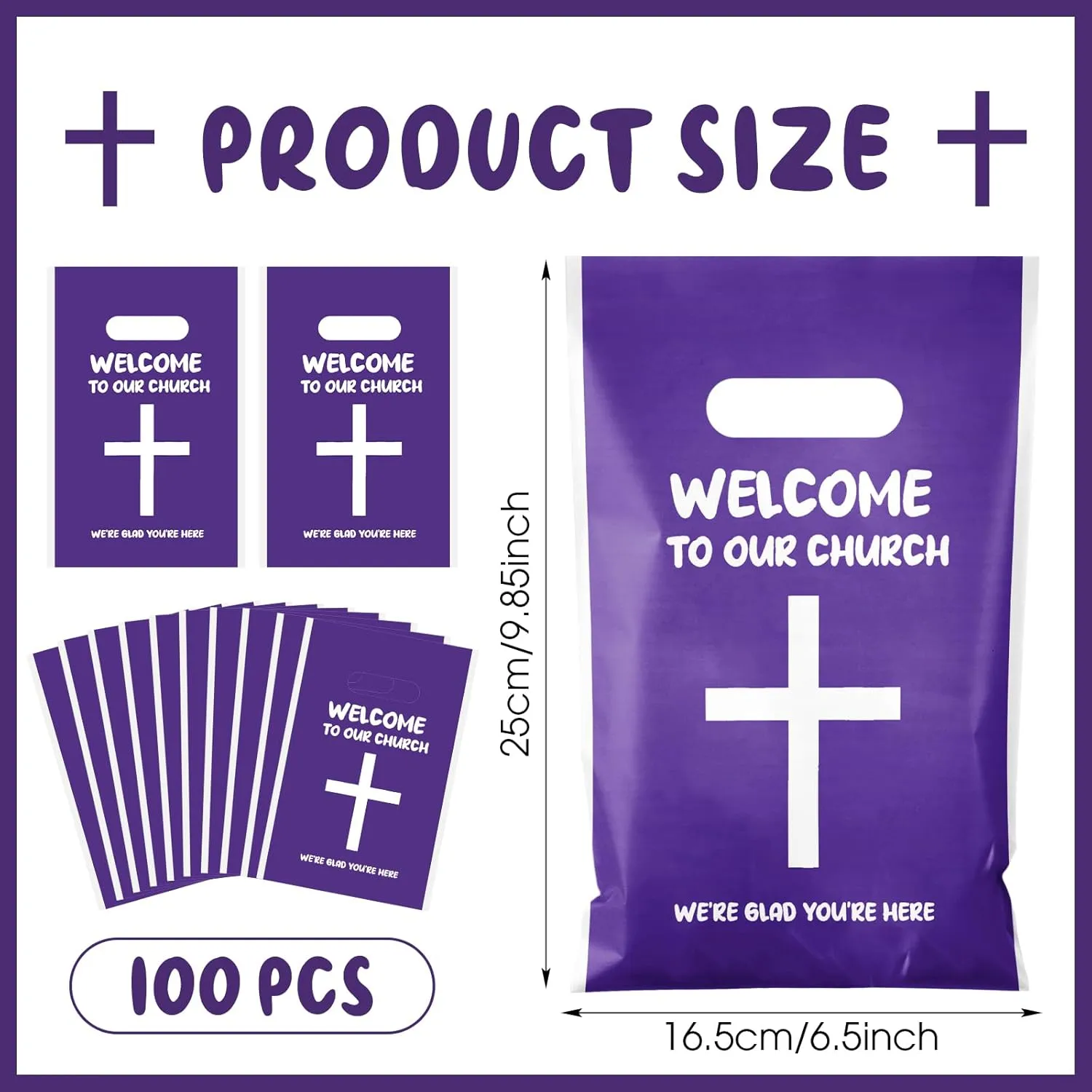 Cholemy 100 Pcs Welcome To Our Church Treat Bags, Church Candy Bags with Handle Christian Events Plastic Goodie Bags Colourful Party Supplies and Gifts Wrapping Bags, 9.84'' x 6.5''