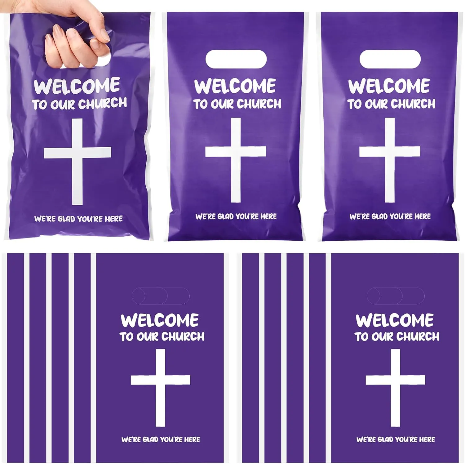 Cholemy 100 Pcs Welcome To Our Church Treat Bags, Church Candy Bags with Handle Christian Events Plastic Goodie Bags Colourful Party Supplies and Gifts Wrapping Bags, 9.84'' x 6.5''