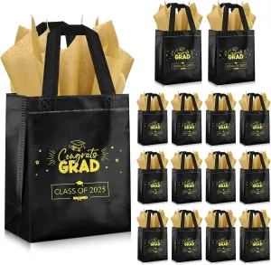 Cholemy 24 Set Graduation Gift Bags Class of 2025 Metallic Graduation Bag with Handle Congrats Bags with Tissue Paper(Black)