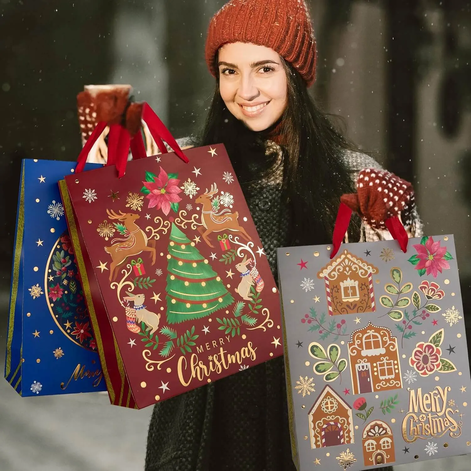 Christmas Red Green Blue and Gray Gift Bags, Pack of 12