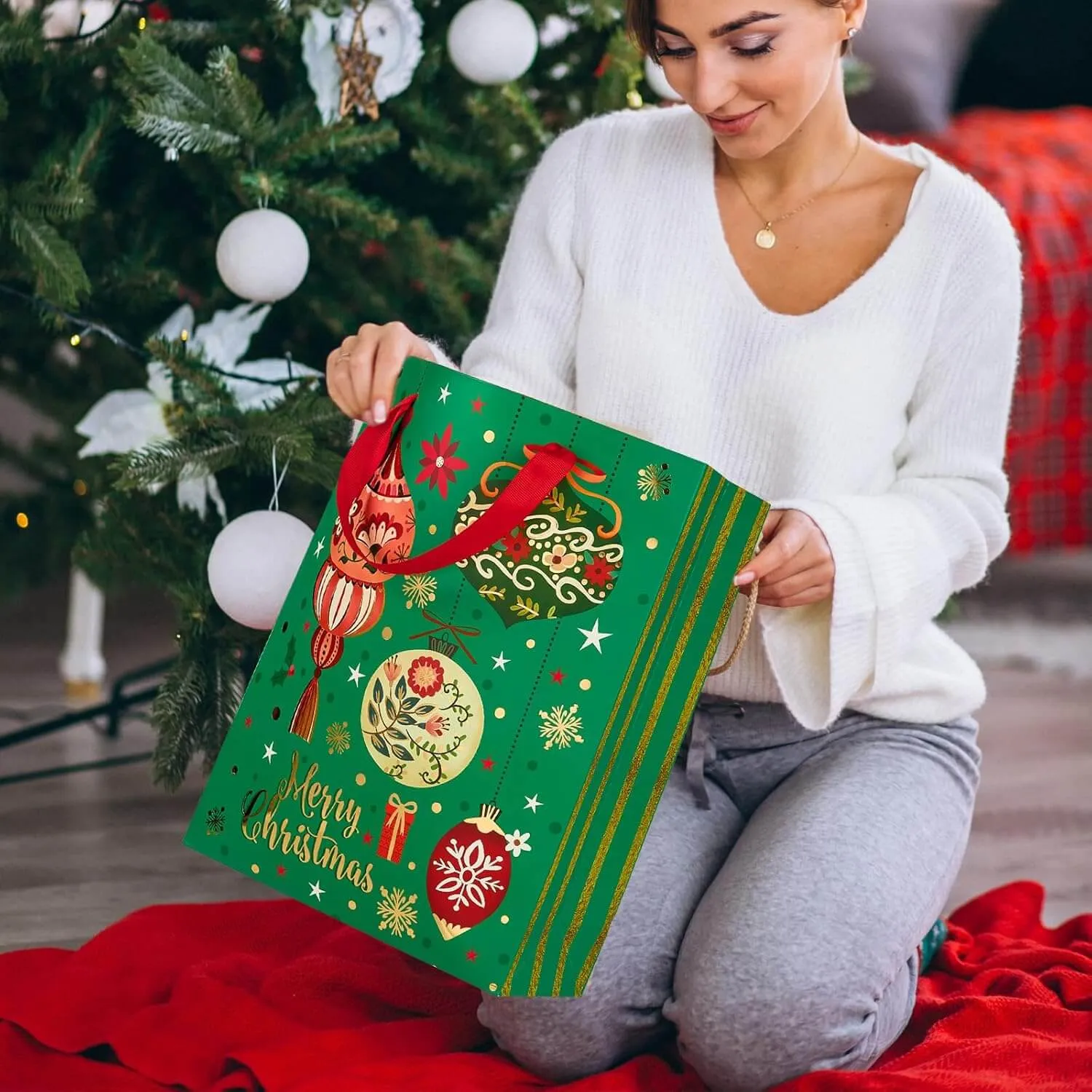 Christmas Red Green Blue and Gray Gift Bags, Pack of 12