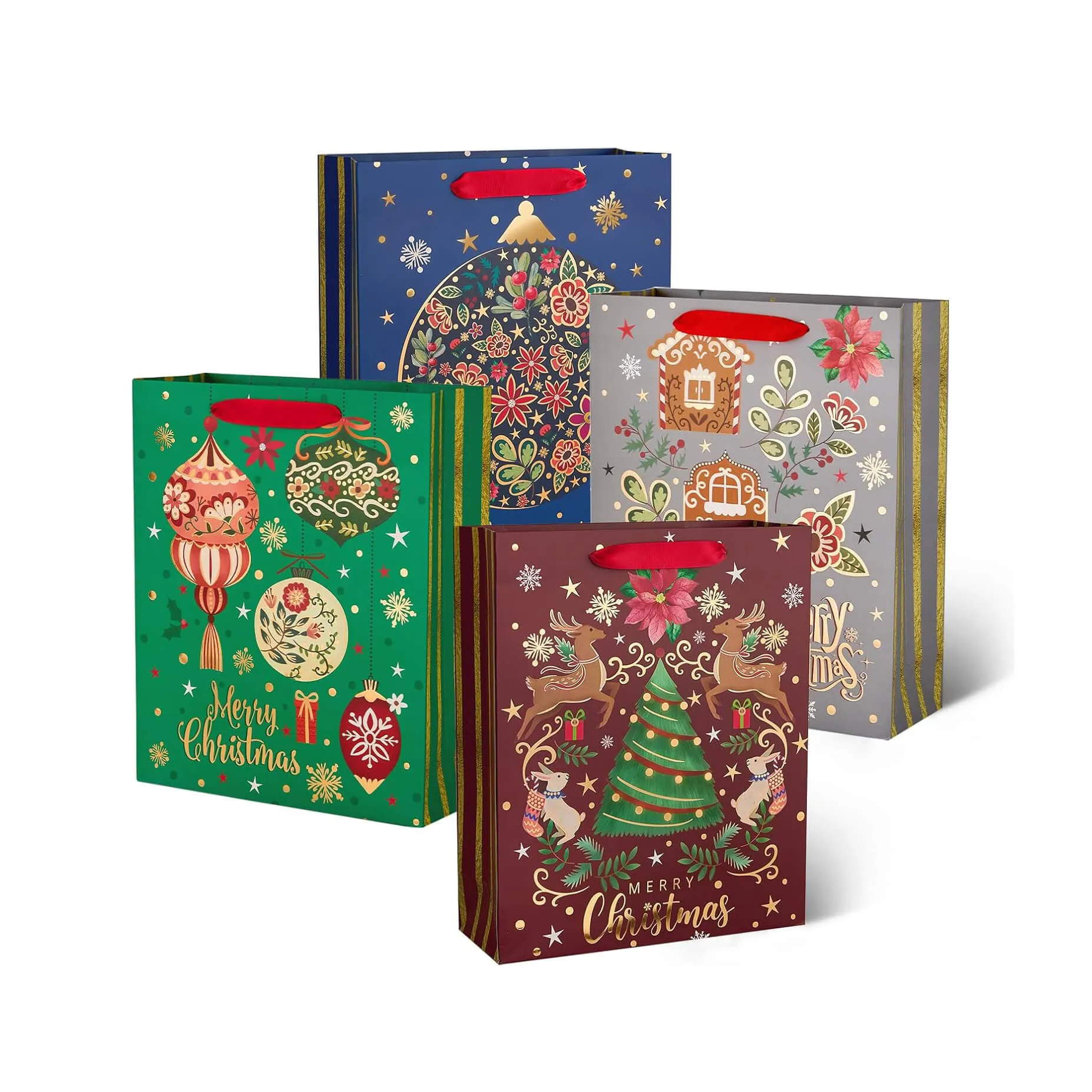Christmas Red Green Blue and Gray Gift Bags, Pack of 12