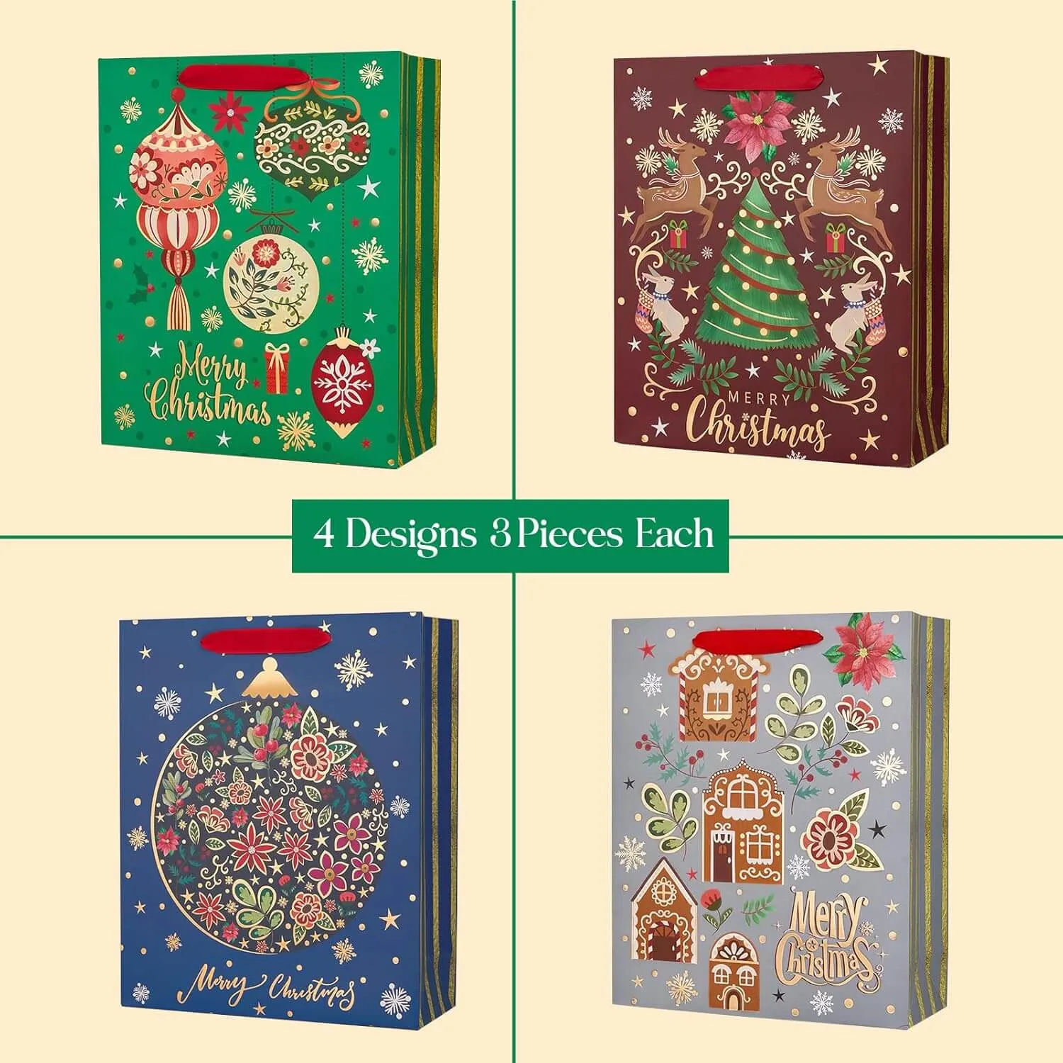 Christmas Red Green Blue and Gray Gift Bags, Pack of 12