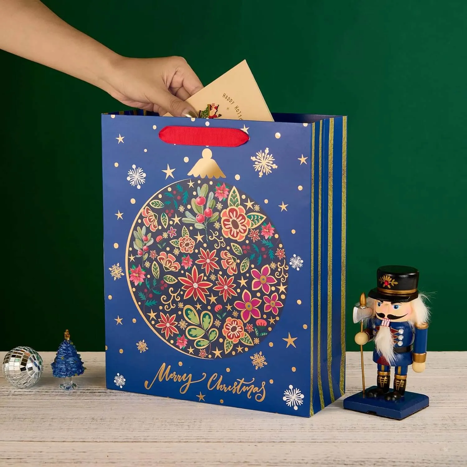 Christmas Red Green Blue and Gray Gift Bags, Pack of 12