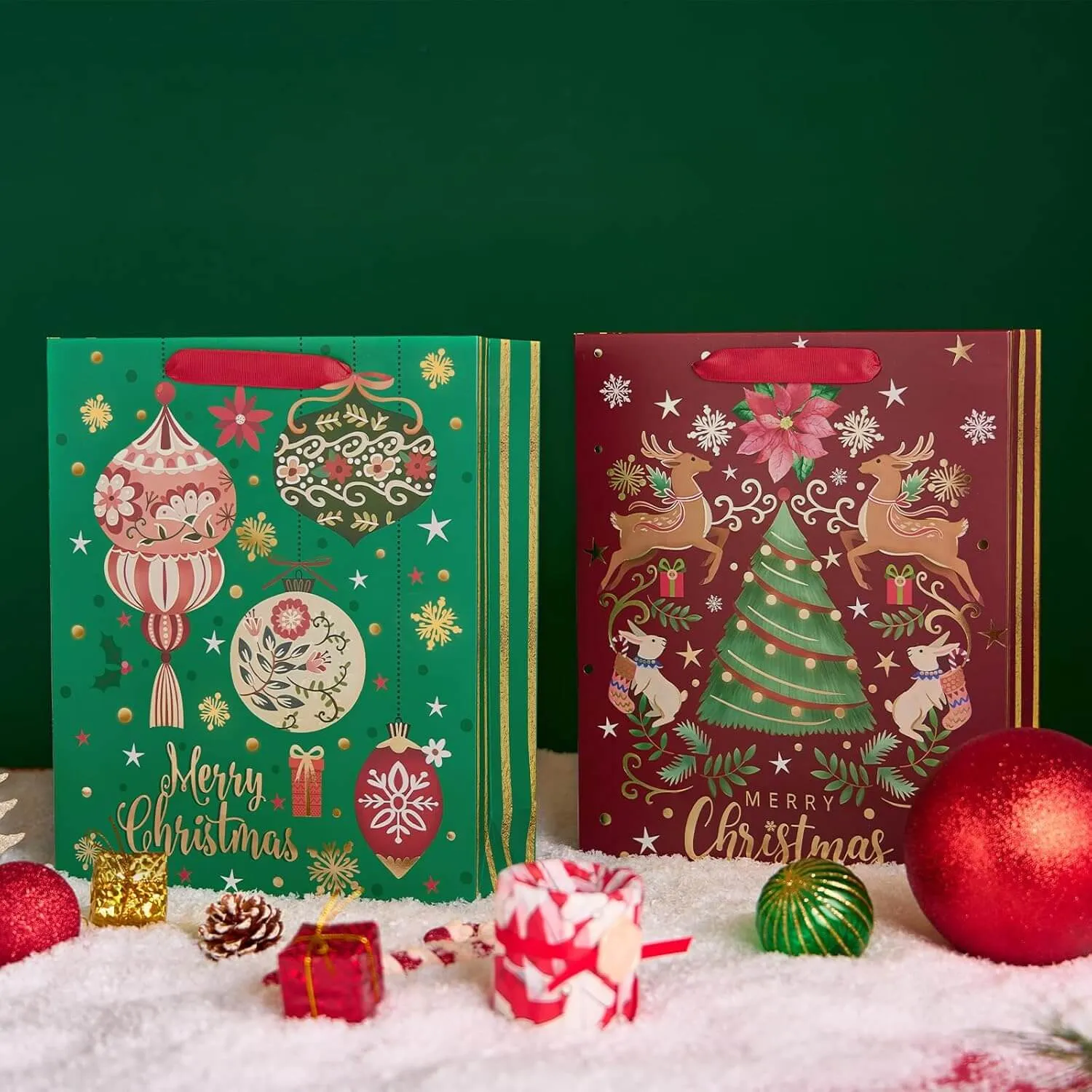 Christmas Red Green Blue and Gray Gift Bags, Pack of 12