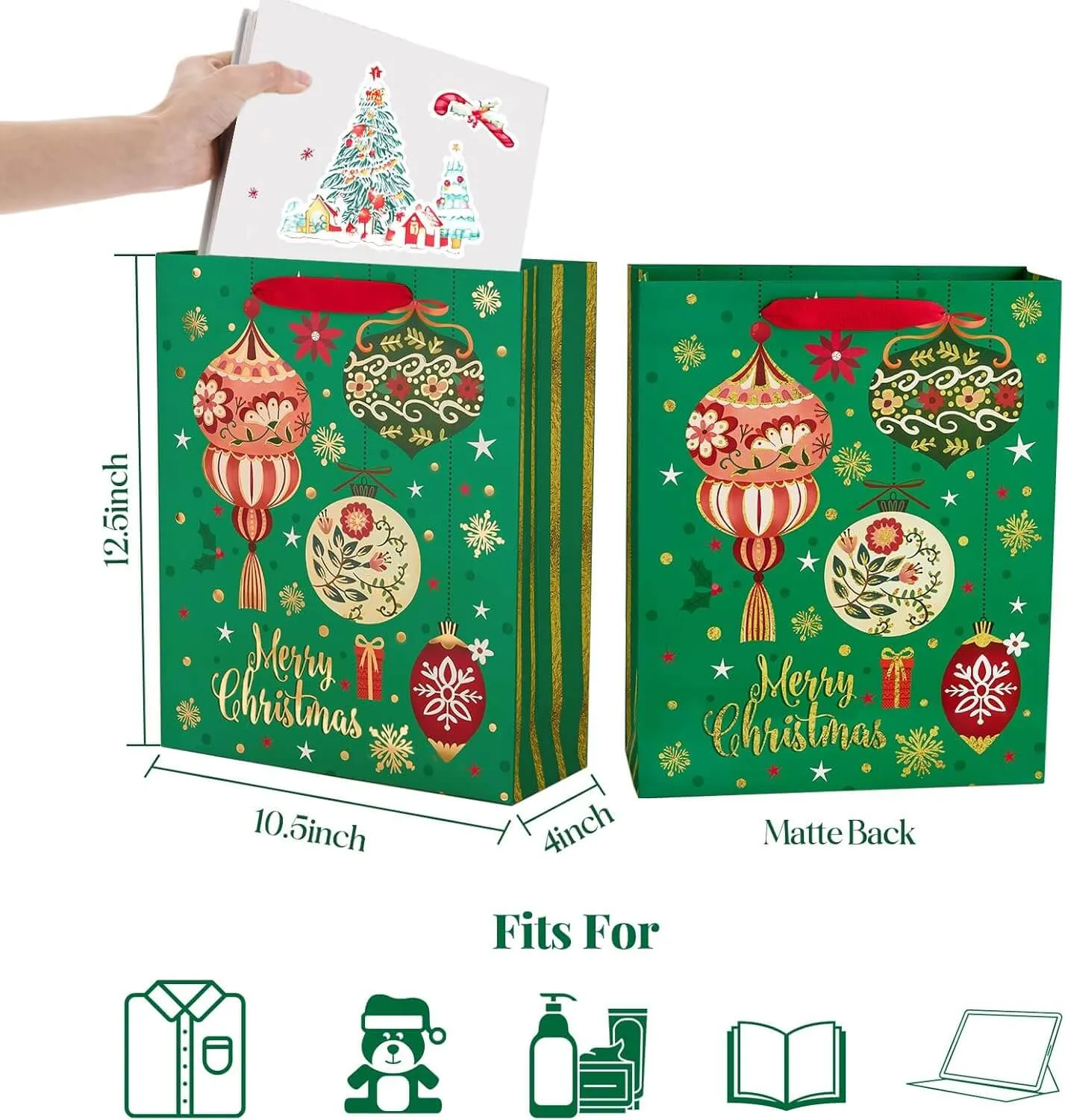 Christmas Red Green Blue and Gray Gift Bags, Pack of 12