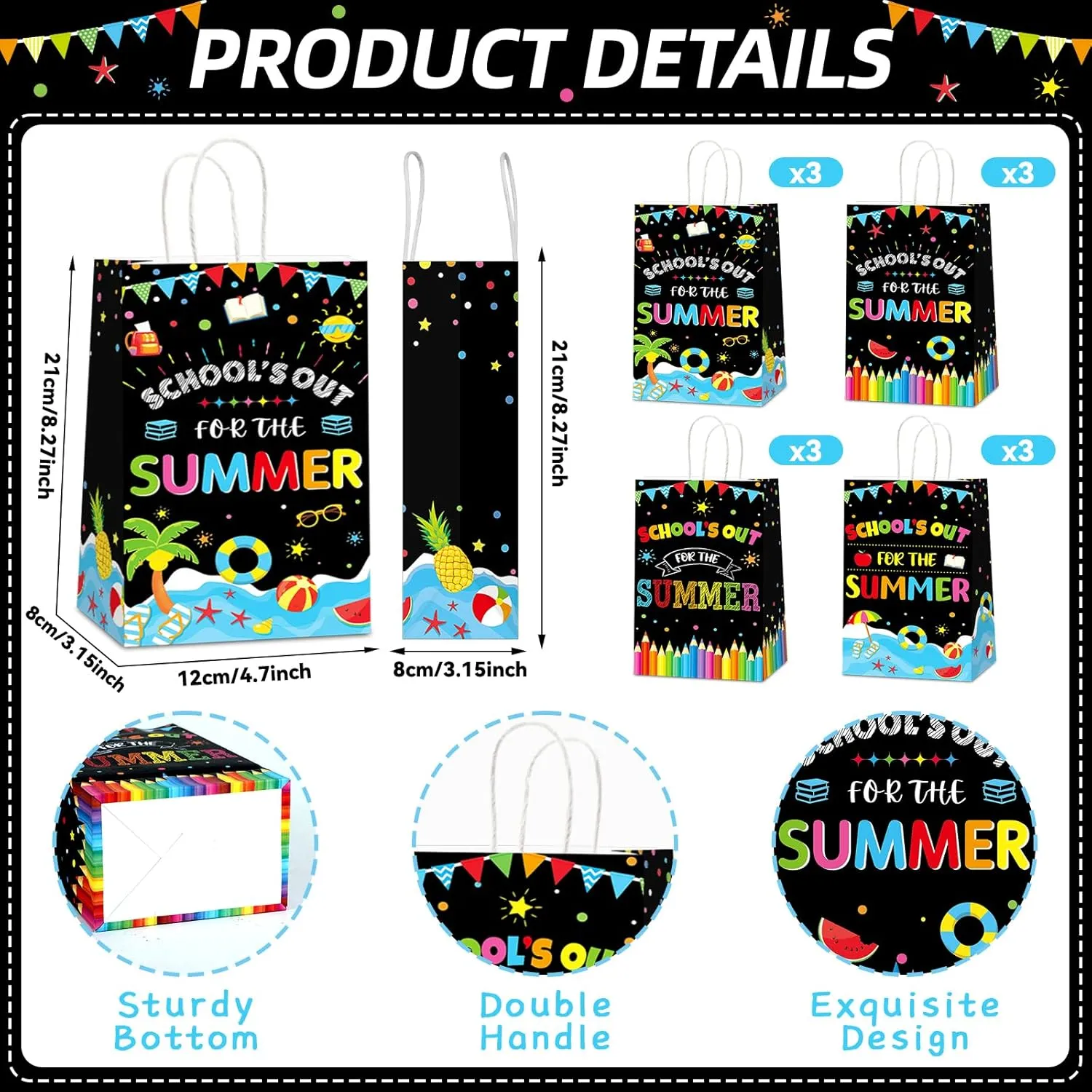 CHUNNIN 12pcs End of School Year Party Gift Bags Class Summer Party Favors School's Out Candy Treat Goodie Bags for Kids Summer Tropical Beach Pool Birthday Classroom Decoration Supplies