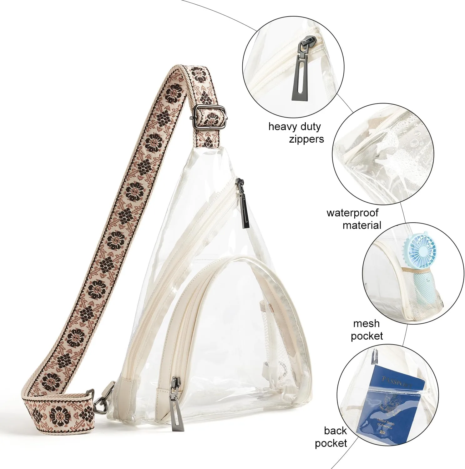 Clear bags Stadium Approved Crossbody Sling Bag Fanny Pack Backpack Purses for Women Men Handbag for Stadium Events Beige