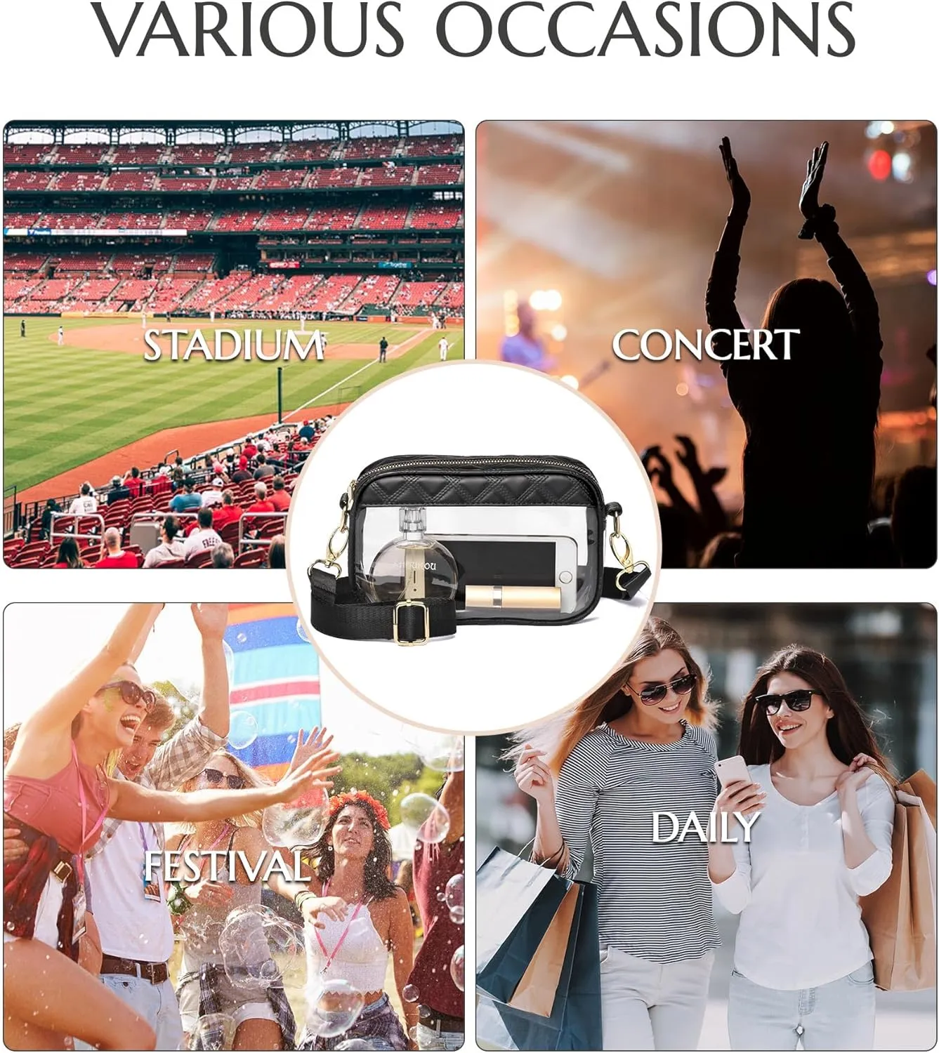 Clear Crossbody Bag Stadium Approved, Clear Purses for Women Stadium Crossbody for Events Concerts Sports Outfits