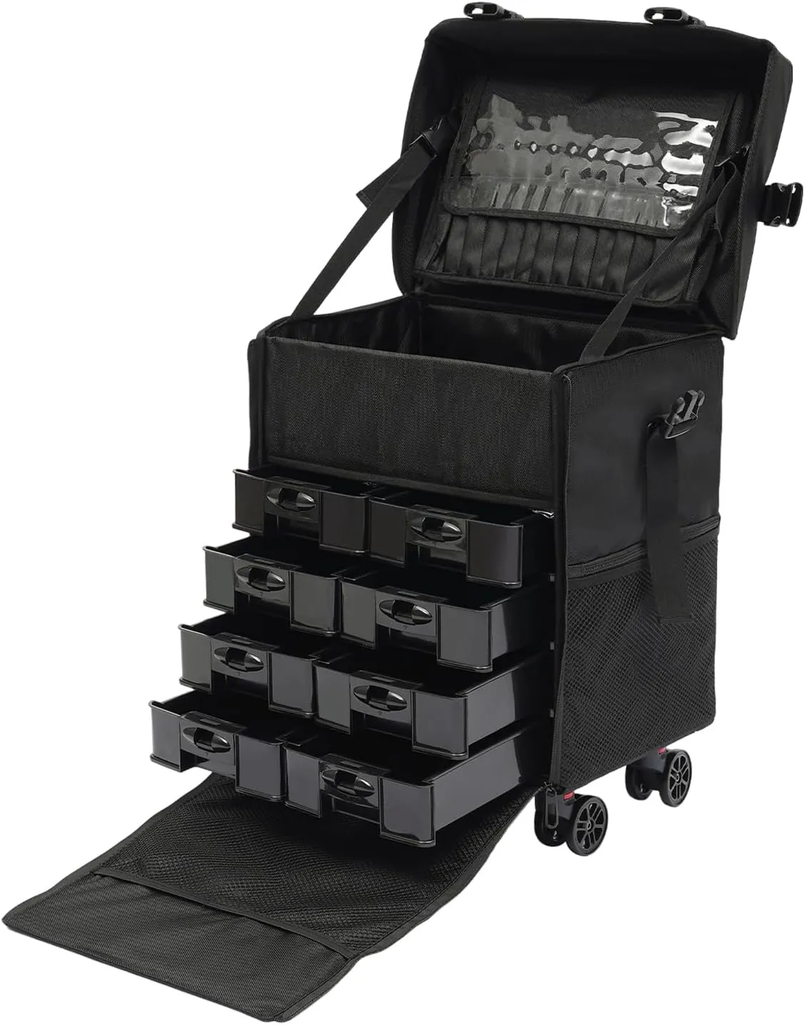CNCEST Makeup Artist Soft Rolling Trolley Cosmetic Case with 2 Mesh Pockets Makeup Organizer,Travel Rolling Makeup Bag,8 Removable Drawers