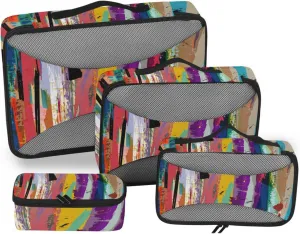 Colorful Abstract Background with Paint Strokes, Splashes Stripes 4 PCs Set Packing Bags, Luggage Organizer Bag, Portable Cube Toiletry bag, Durable Travel Cosmetic Storage Bag for Men Women