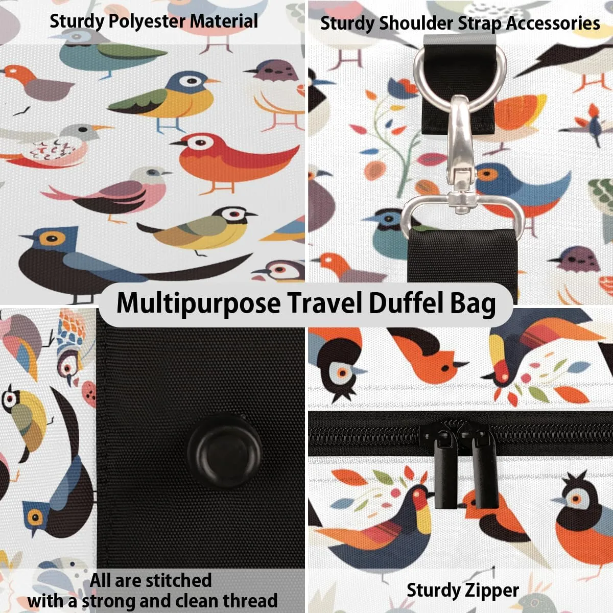 Colorful Birds Travel Duffle Bag, Sports Gym Bags for Women Men, Carry On Weekender Overnight Bag, Cute Bird Workout Hospital Airplane Trips Bag