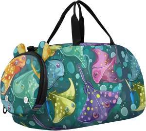 Colorful Cartoon Stingray Fish Sports Duffle Bag for Teens Girls Boys, Gym Bag with Shoe Compartment, Kids Travel Overnight Weekender Shoulder Bag