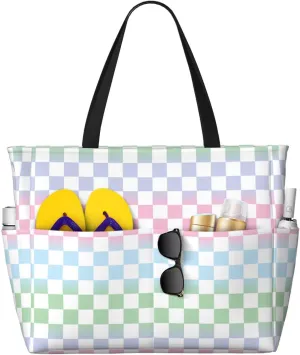 Colorful Checkerboard Large Beach Bag Waterproof Sandproof Swim Tote Pool Bag For Women With Zipper