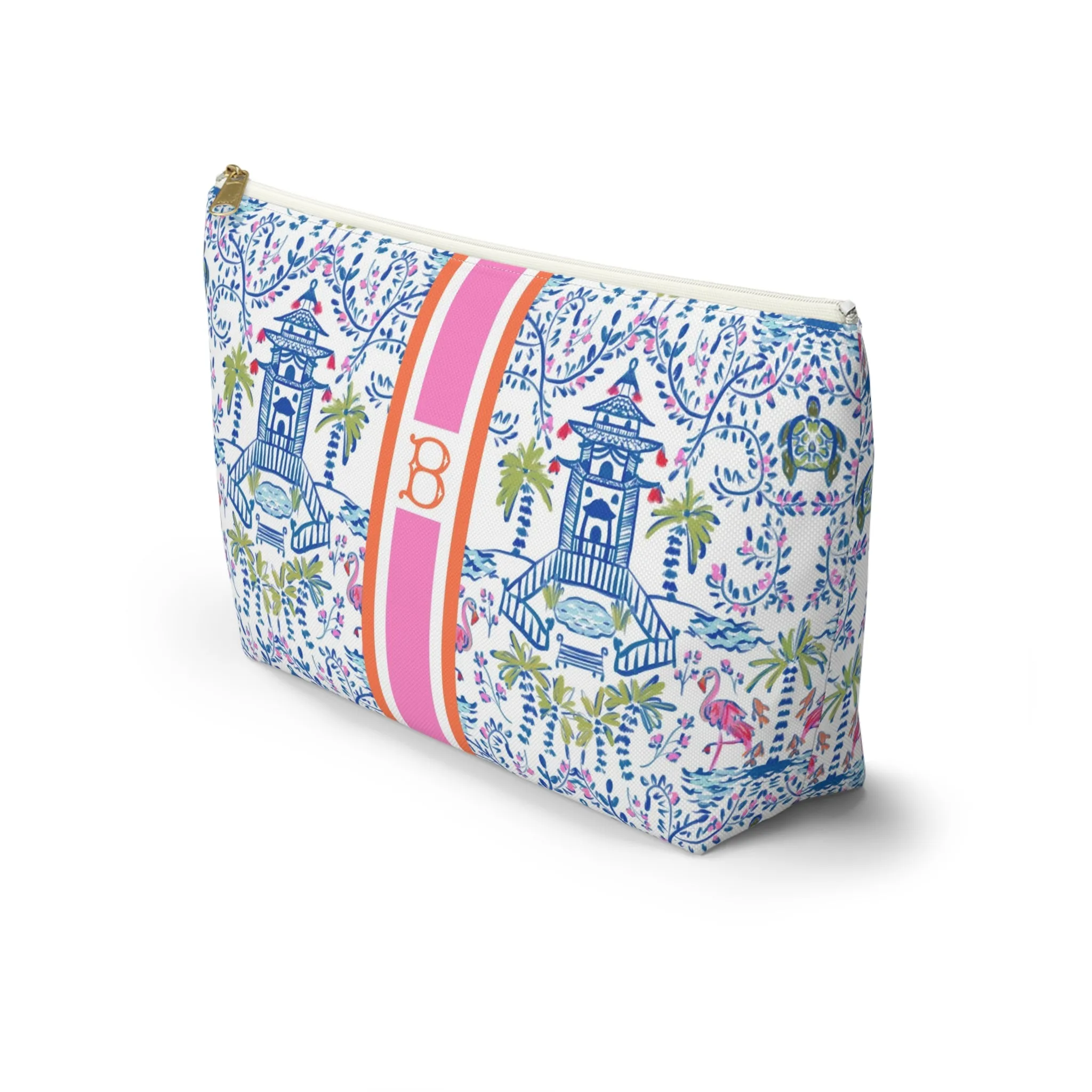Colorful Coastal Chinoiserie Monogrammed Pouch