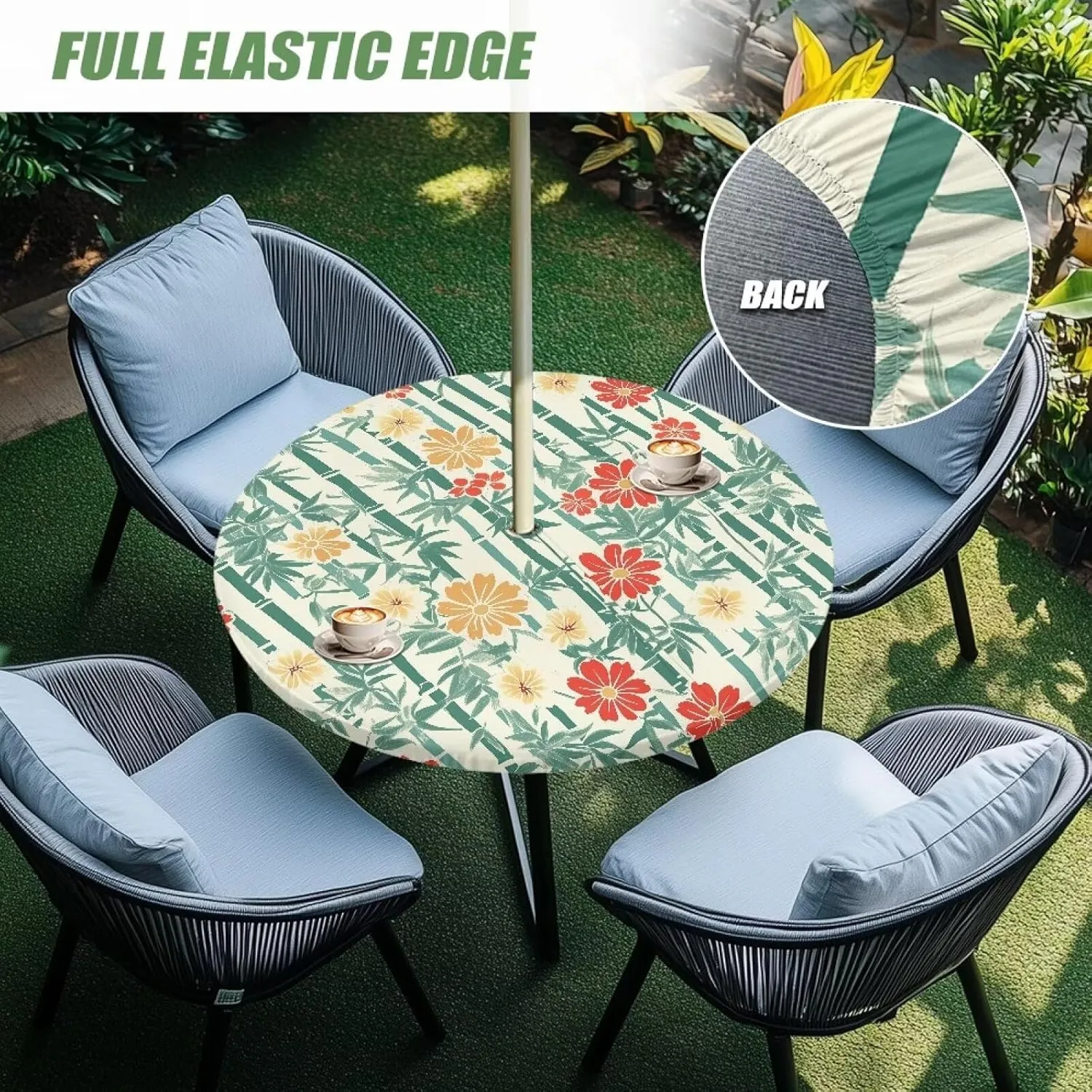 Colorful Daisy Outdoor Tablecloth with Umbrella Hole Waterproof Round Fitted Tablecloth Hidden Elastic Table Protector Cover Zippered Table Cover