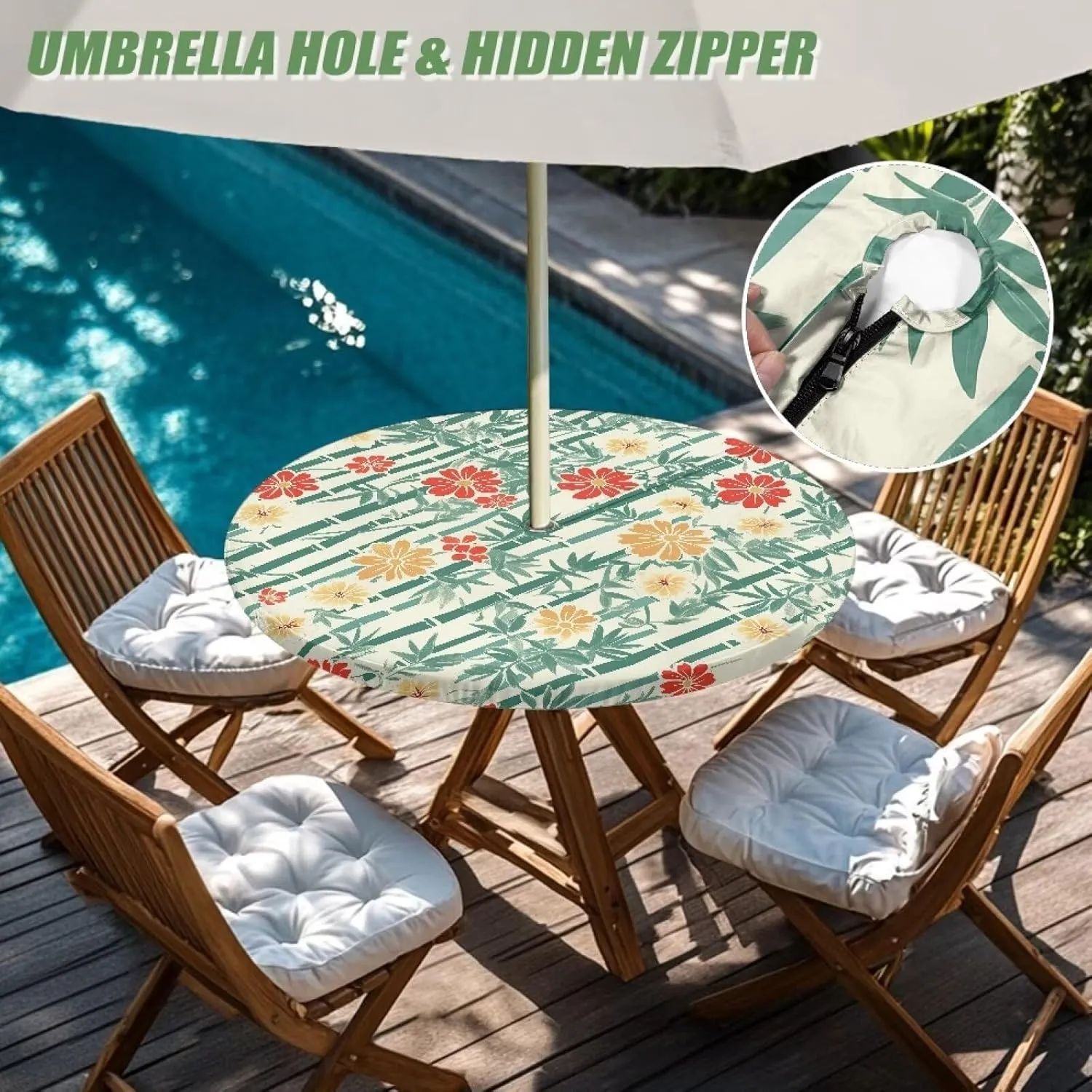 Colorful Daisy Outdoor Tablecloth with Umbrella Hole Waterproof Round Fitted Tablecloth Hidden Elastic Table Protector Cover Zippered Table Cover