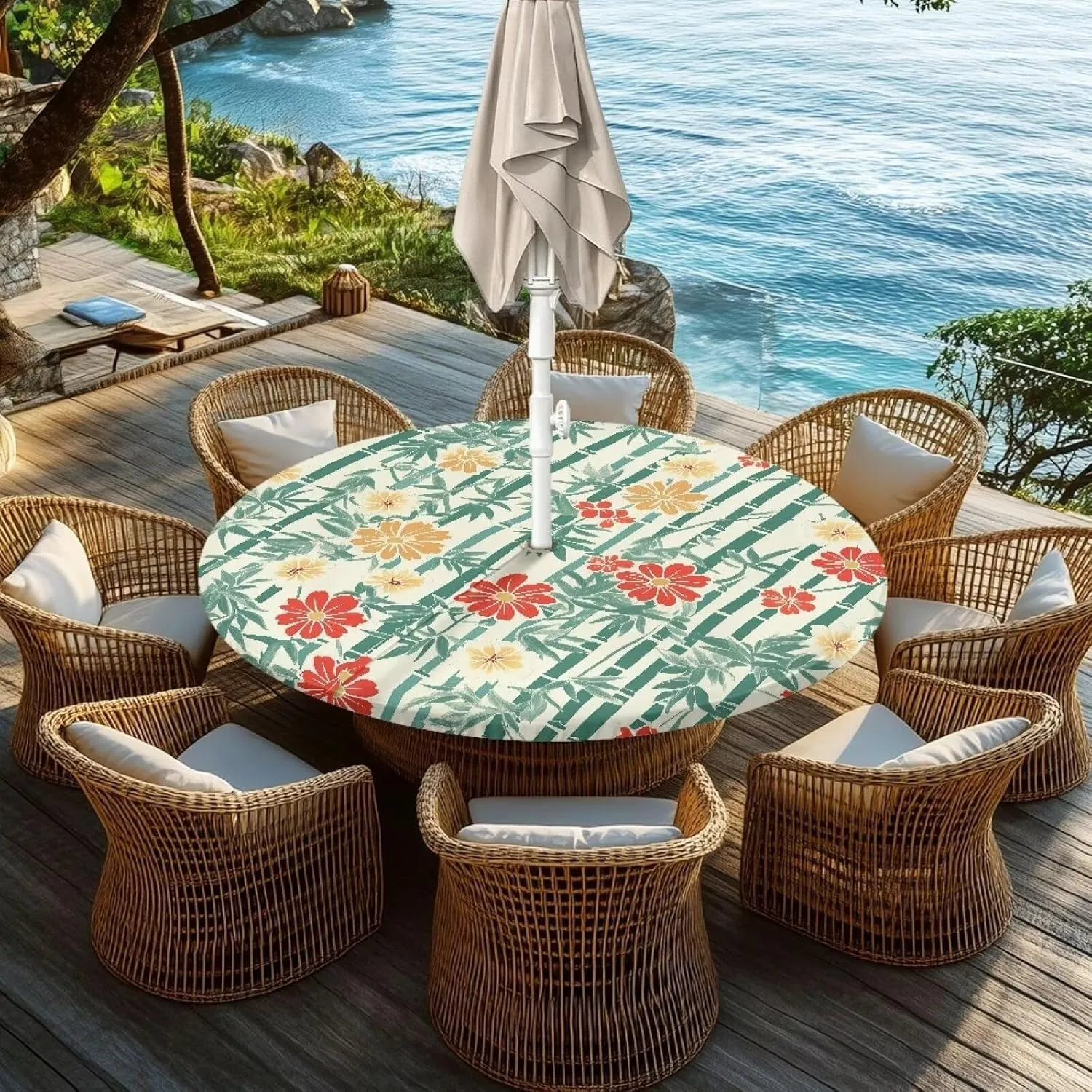 Colorful Daisy Outdoor Tablecloth with Umbrella Hole Waterproof Round Fitted Tablecloth Hidden Elastic Table Protector Cover Zippered Table Cover