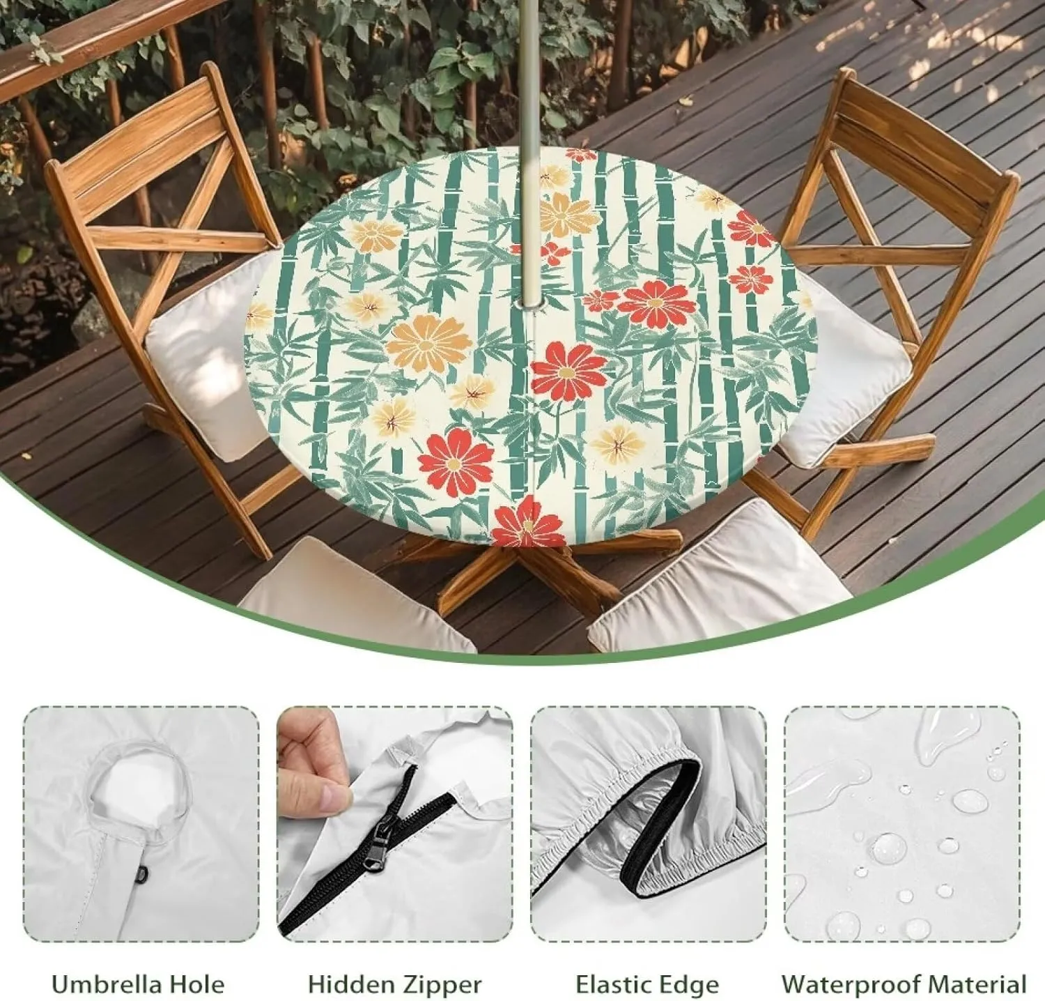 Colorful Daisy Outdoor Tablecloth with Umbrella Hole Waterproof Round Fitted Tablecloth Hidden Elastic Table Protector Cover Zippered Table Cover