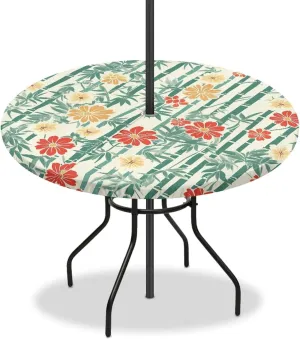 Colorful Daisy Outdoor Tablecloth with Umbrella Hole Waterproof Round Fitted Tablecloth Hidden Elastic Table Protector Cover Zippered Table Cover