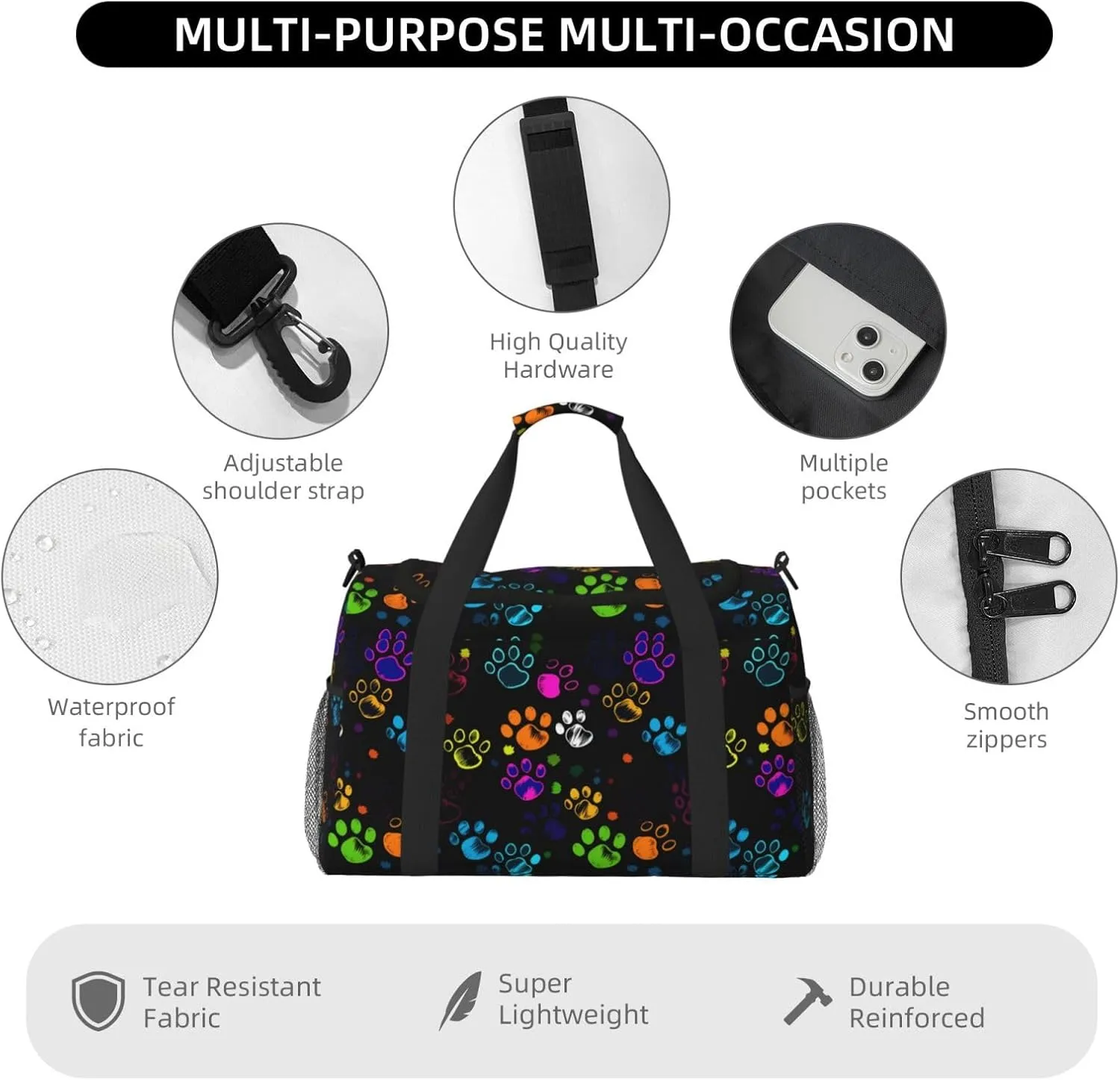 Colorful Dog Paw Print Travel Weekender Overnight Bags Foldable Hand Travel Bag Sport Gym Duffel Bag For Men Women
