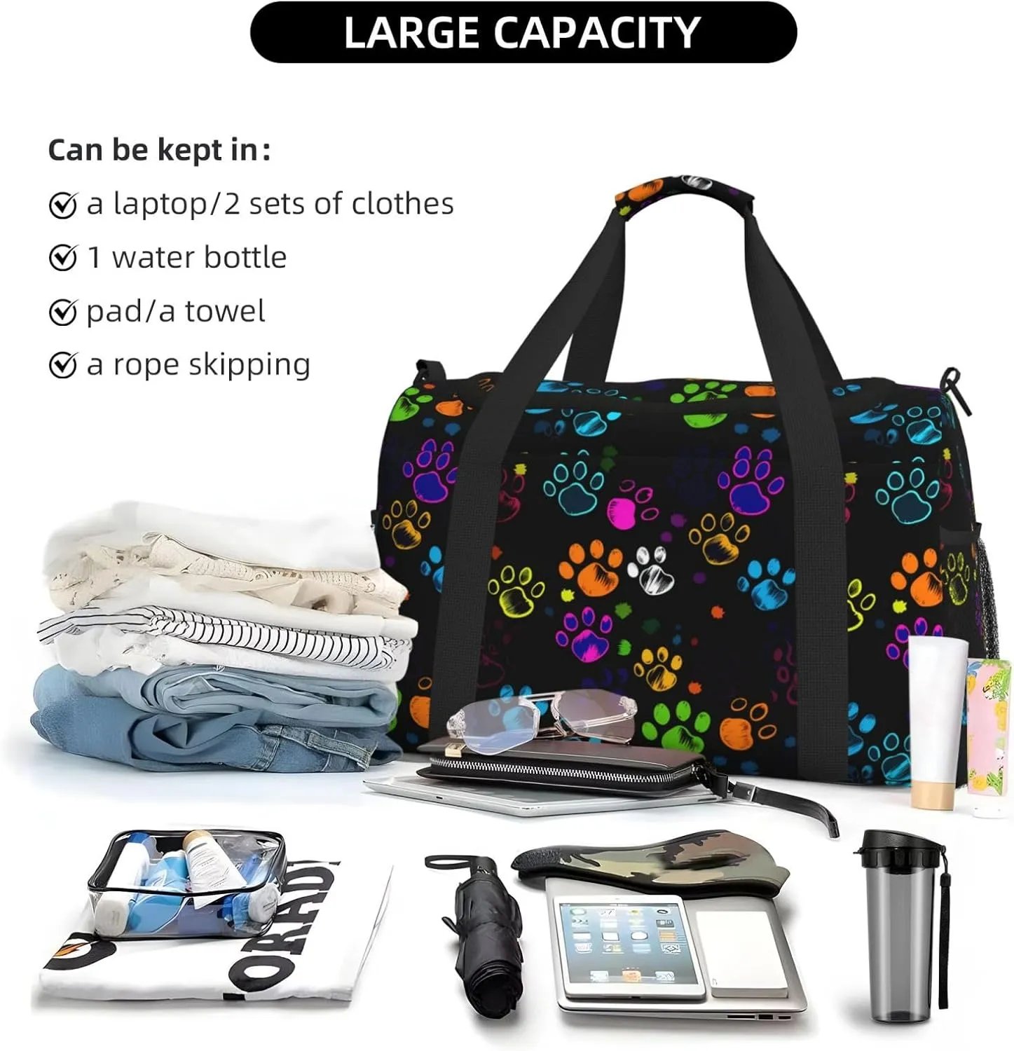 Colorful Dog Paw Print Travel Weekender Overnight Bags Foldable Hand Travel Bag Sport Gym Duffel Bag For Men Women