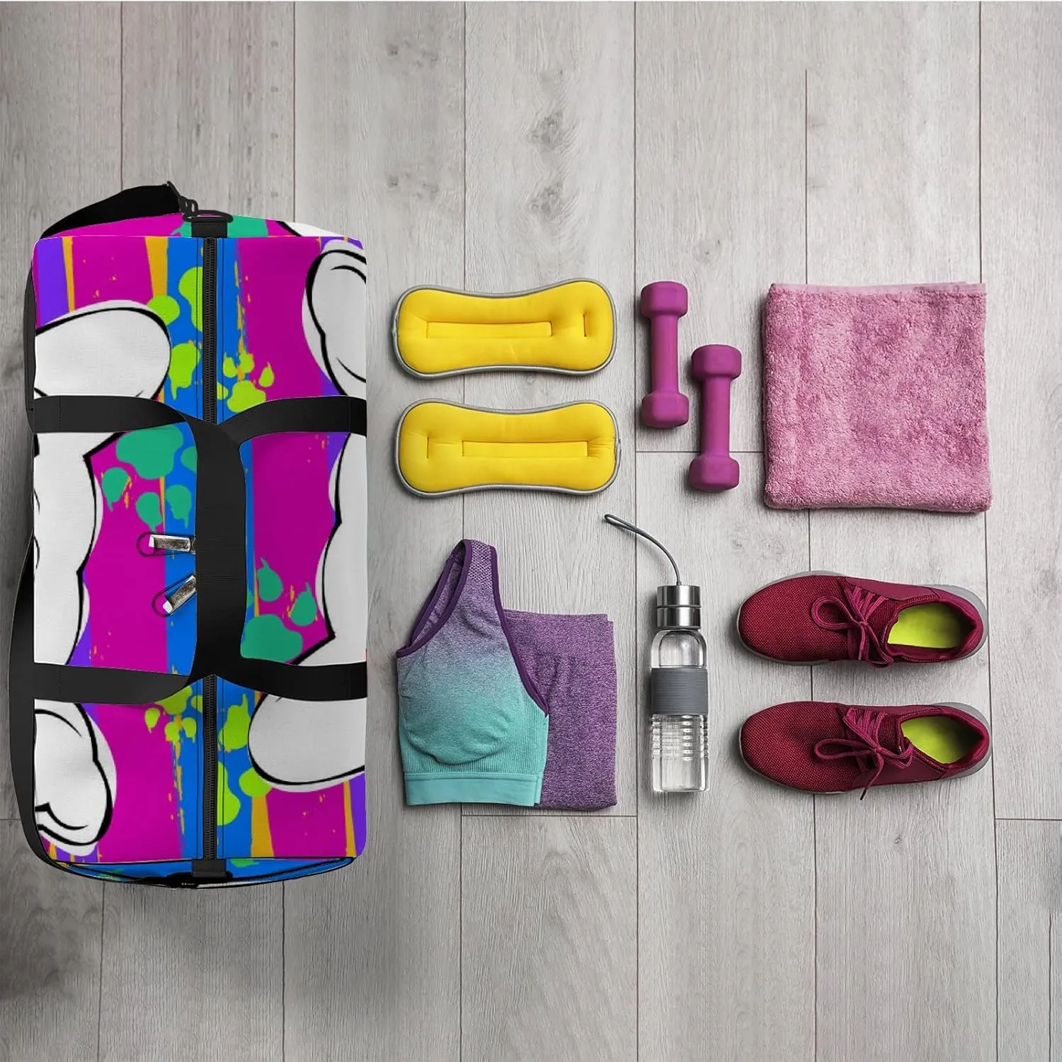 Colorful Doodle Footprint with Bulldog Sports Duffel Bag Travel Gym Tote Bags Lightweight Durable Shoulder Strap Waterproof Polyester Outside Mesh Pocket Overnight Trip Duffel Bag for Women Men