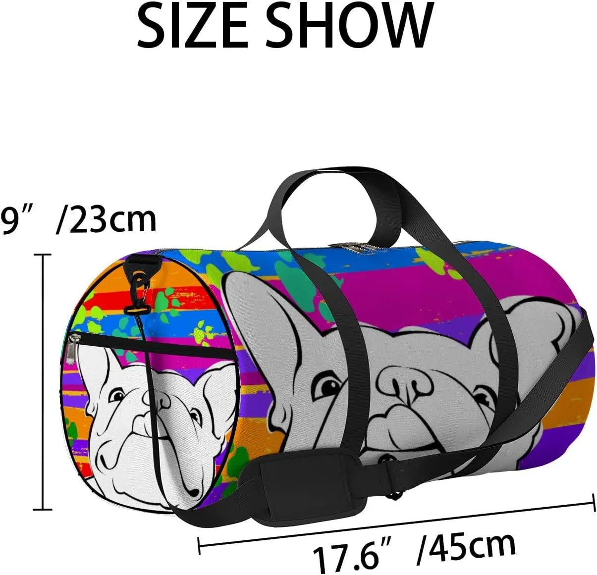 Colorful Doodle Footprint with Bulldog Sports Duffel Bag Travel Gym Tote Bags Lightweight Durable Shoulder Strap Waterproof Polyester Outside Mesh Pocket Overnight Trip Duffel Bag for Women Men