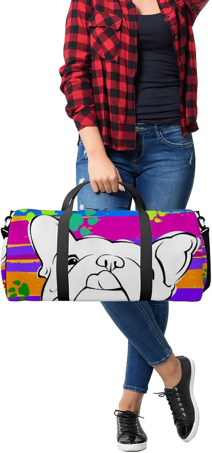 Colorful Doodle Footprint with Bulldog Sports Duffel Bag Travel Gym Tote Bags Lightweight Durable Shoulder Strap Waterproof Polyester Outside Mesh Pocket Overnight Trip Duffel Bag for Women Men