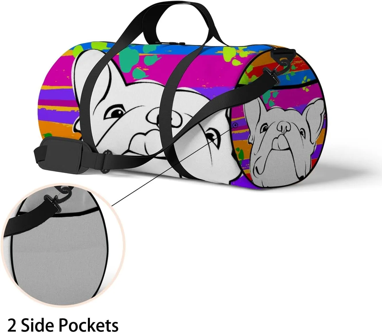 Colorful Doodle Footprint with Bulldog Sports Duffel Bag Travel Gym Tote Bags Lightweight Durable Shoulder Strap Waterproof Polyester Outside Mesh Pocket Overnight Trip Duffel Bag for Women Men