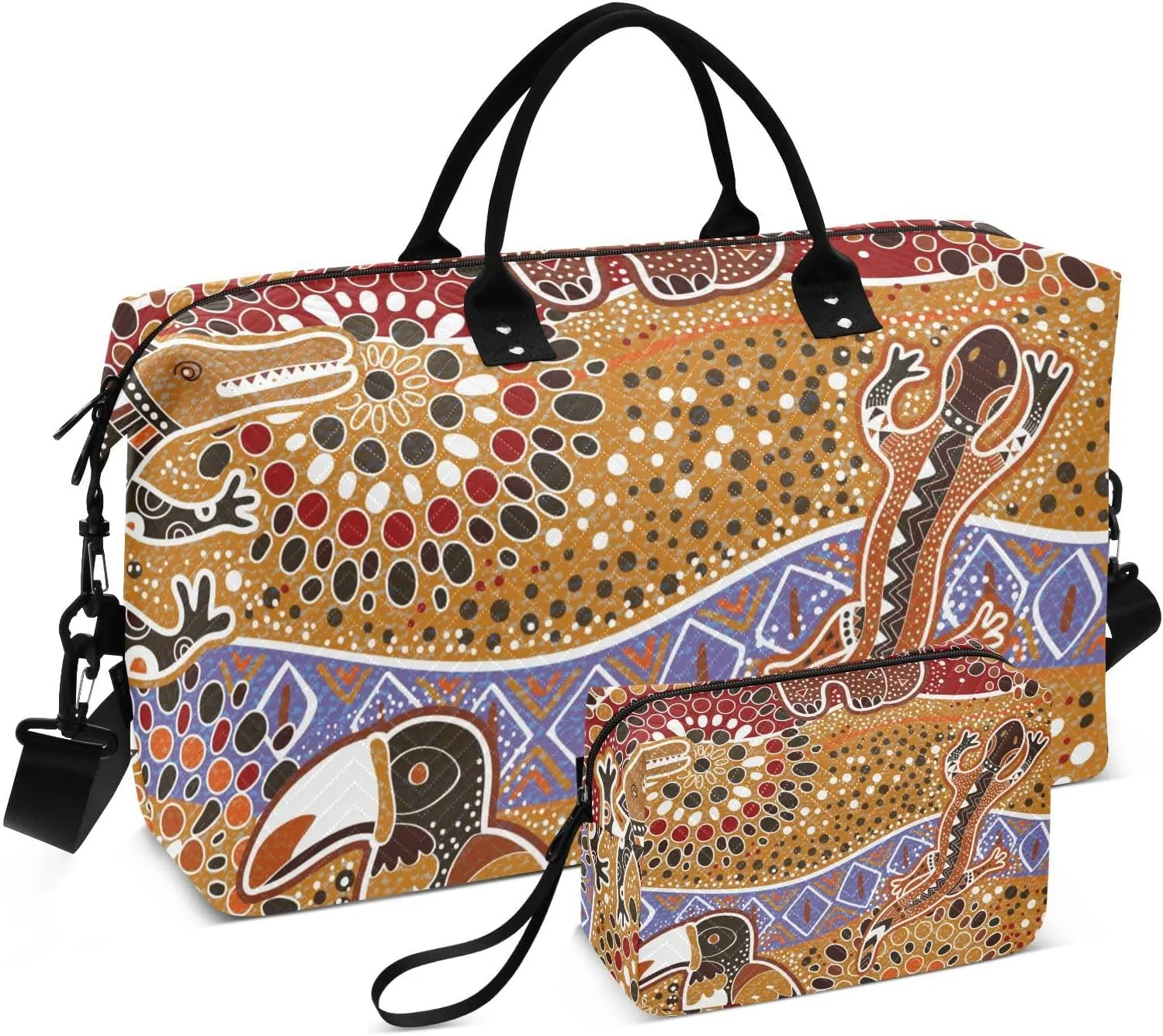 Colorful Ethnic Australian Animals Duffel Bag for Gym Yoga Weekender Overnight Quilting Travel Bag Set