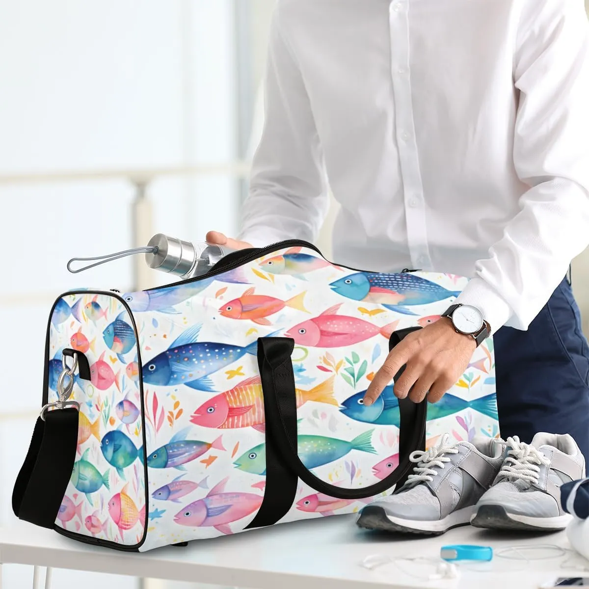 Colorful Fish Travel Duffle Bag, Sports Gym Bags for Women Men, Carry On Weekender Overnight Bag, Ocean Fish Workout Hospital Airplane Trips Bag