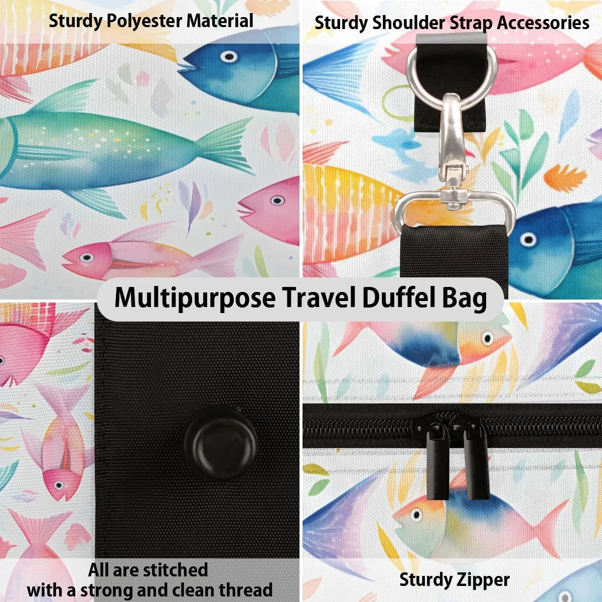 Colorful Fish Travel Duffle Bag, Sports Gym Bags for Women Men, Carry On Weekender Overnight Bag, Ocean Fish Workout Hospital Airplane Trips Bag