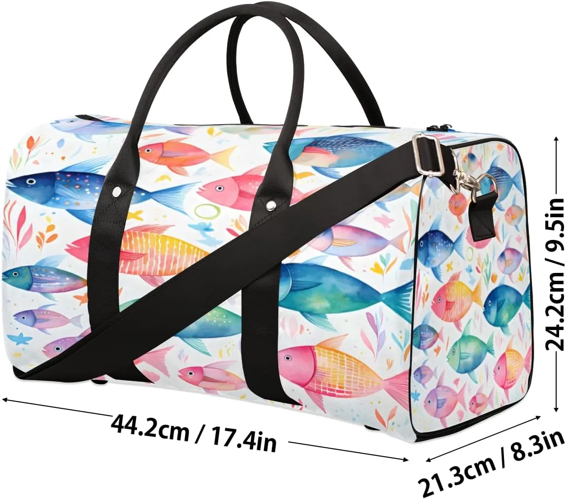 Colorful Fish Travel Duffle Bag, Sports Gym Bags for Women Men, Carry On Weekender Overnight Bag, Ocean Fish Workout Hospital Airplane Trips Bag